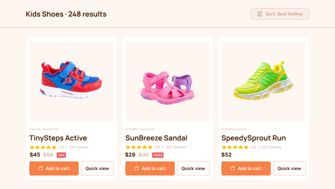 Product card design list example